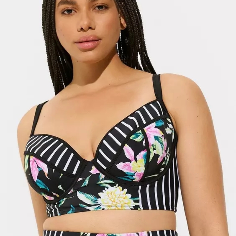 Torrid Black Floral Stripe Underwire Cut And Sew Bikini Top 4 DD/F